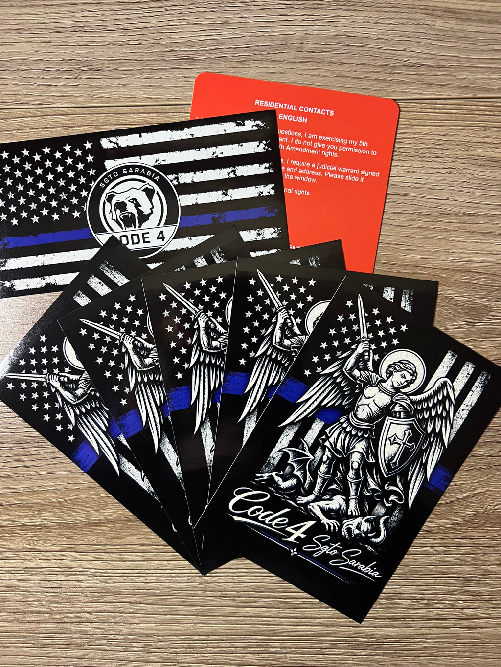 SGTO SARABIA St. Michael Archangel Code 4 Decal Bundle – Waterproof Vinyl Decals with Thin Blue Line Flag & Free Bilingual Red Card