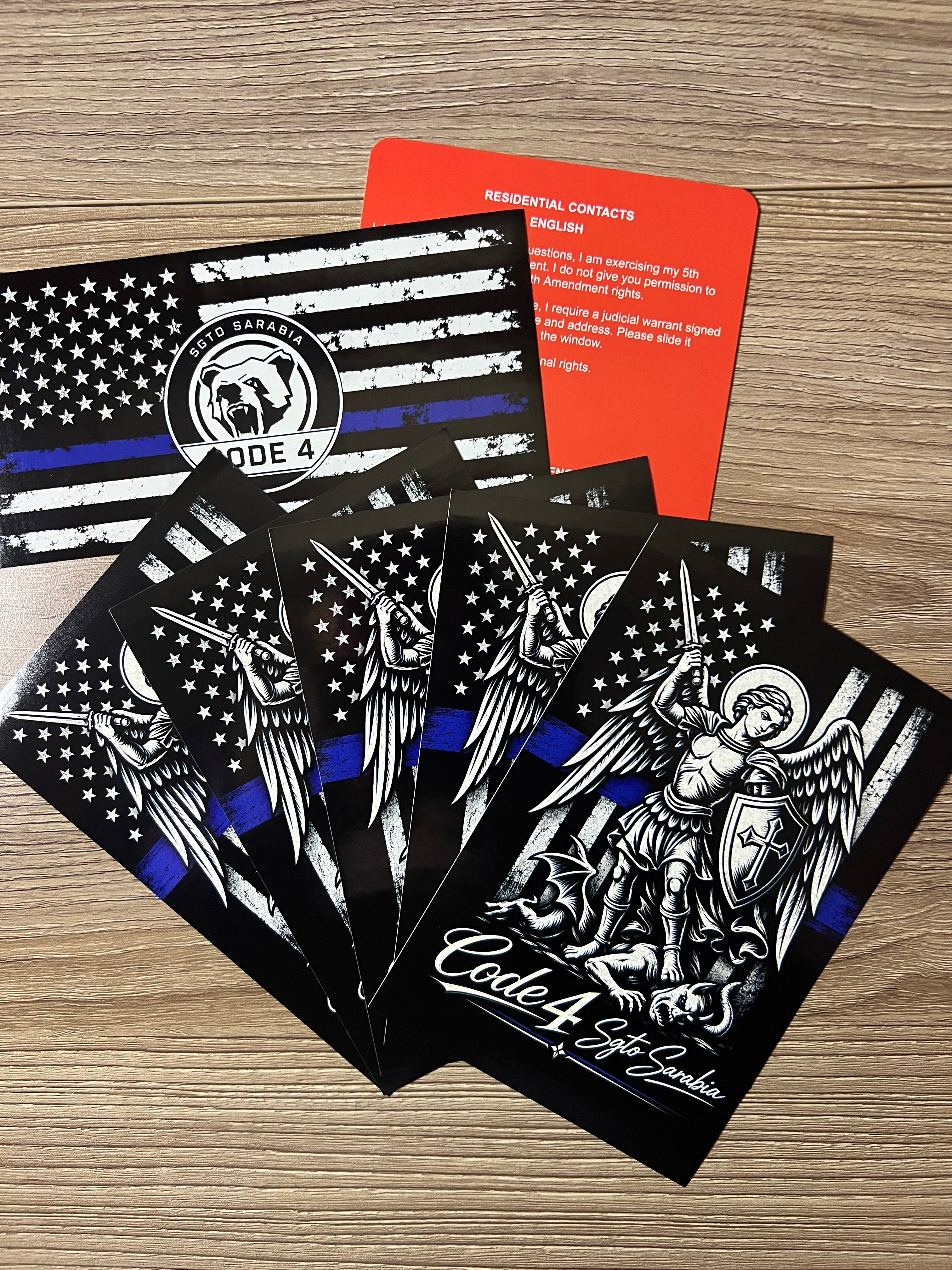 SGTO SARABIA St. Michael Archangel Code 4 Decal Bundle – Waterproof Vinyl Decals with Thin Blue Line Flag & Free Bilingual Red Card