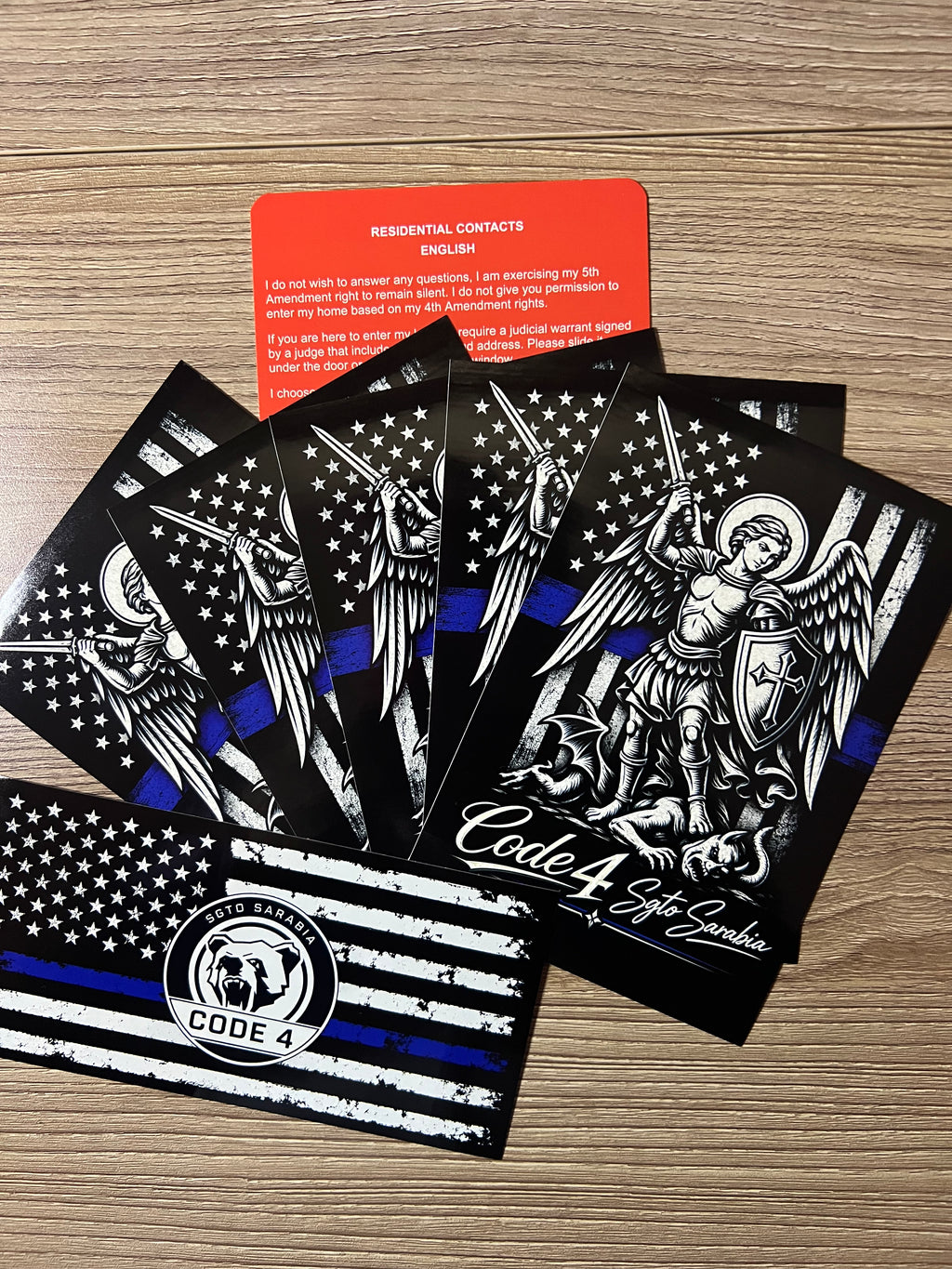 SGTO SARABIA St. Michael Archangel Code 4 Decal Bundle – Waterproof Vinyl Decals with Thin Blue Line Flag & Free Bilingual Red Card