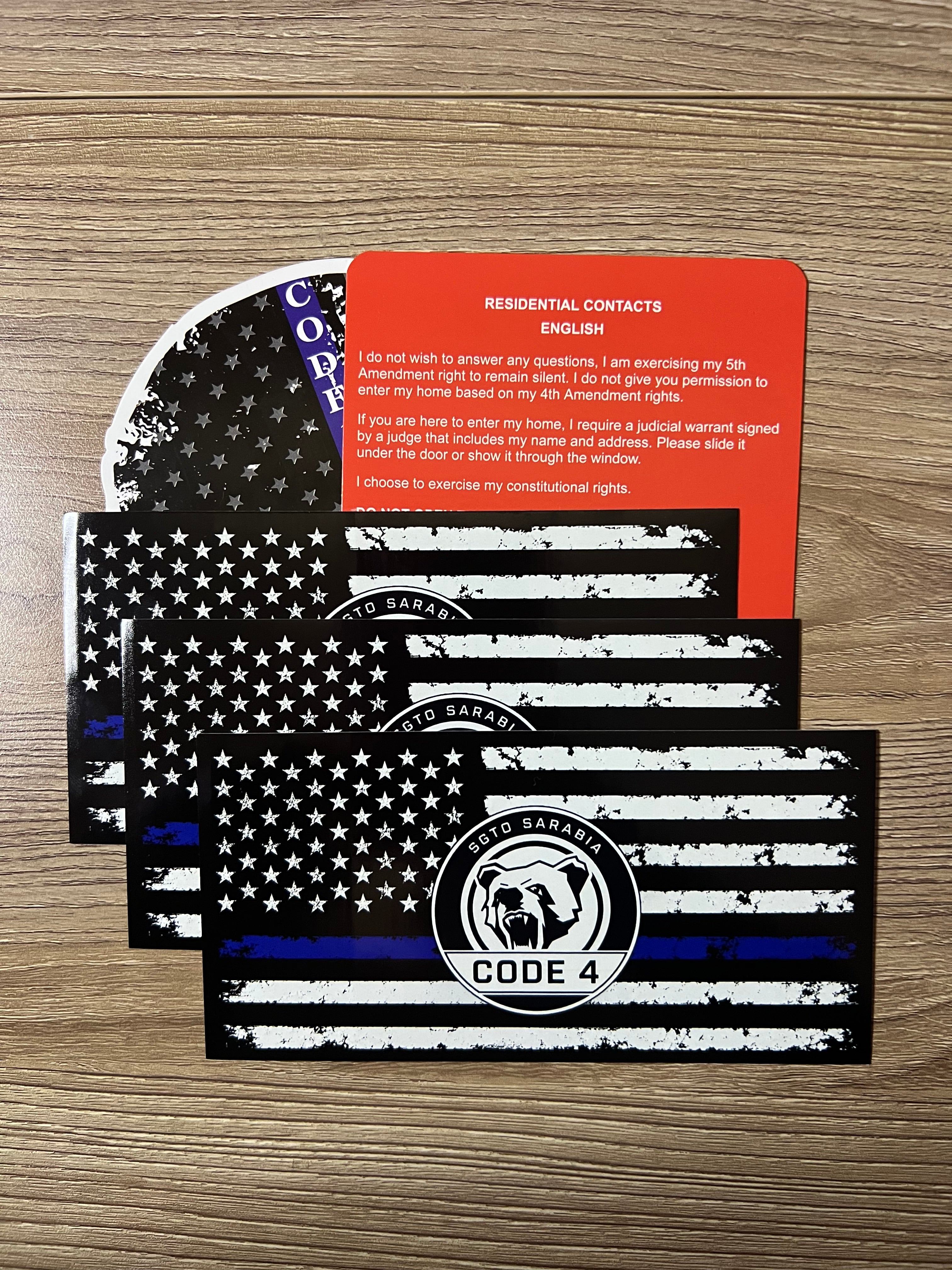 SGTO SARABIA Thin Blue Line Code 4 Decal Bundle – Waterproof Vinyl Flag Stickers with Skull Decal & Free Bilingual Red Card