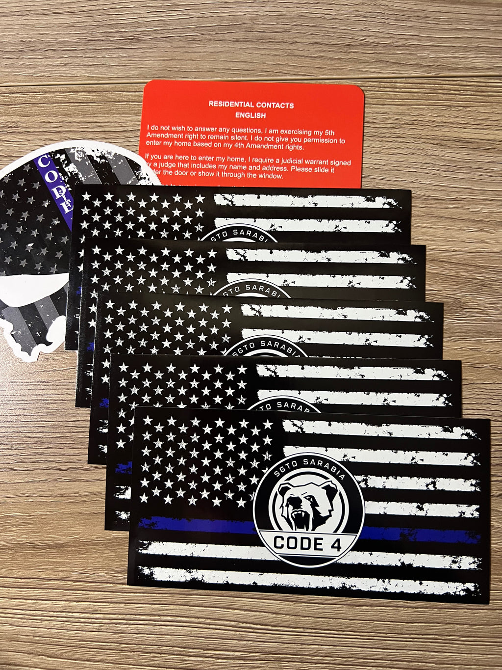SGTO SARABIA Thin Blue Line Code 4 Decal Bundle – Waterproof Vinyl Flag Stickers with Skull Decal & Free Bilingual Red Card