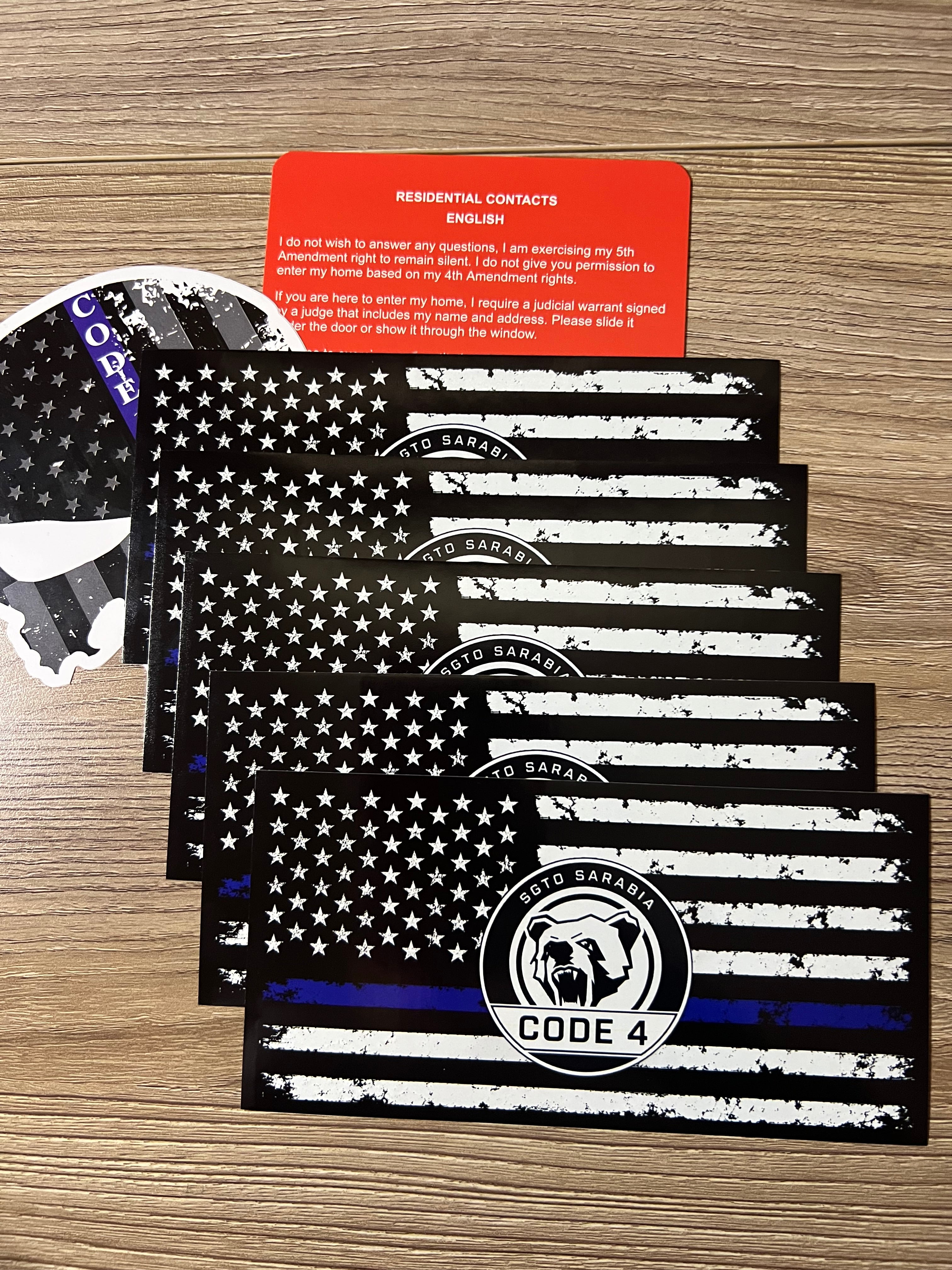 SGTO SARABIA Thin Blue Line Code 4 Decal Bundle – Waterproof Vinyl Flag Stickers with Skull Decal & Free Bilingual Red Card