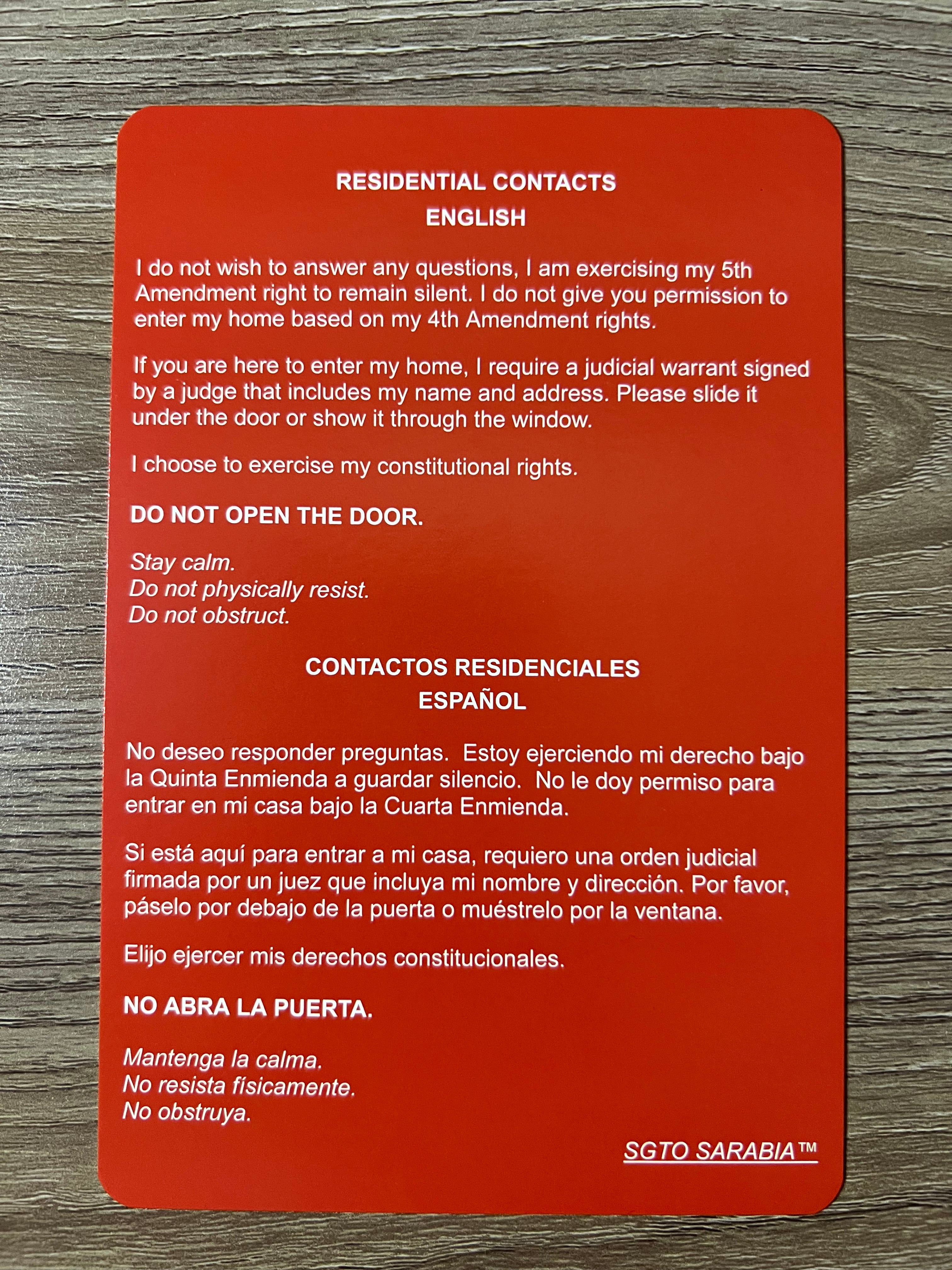 SGTO SARABIA Bilingual Red Card Constitutional Rights Card English Spanish