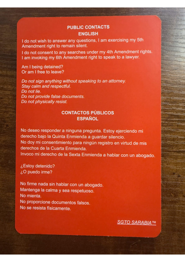 SGTO SARABIA Bilingual Red Card Constitutional Rights Card English Spanish