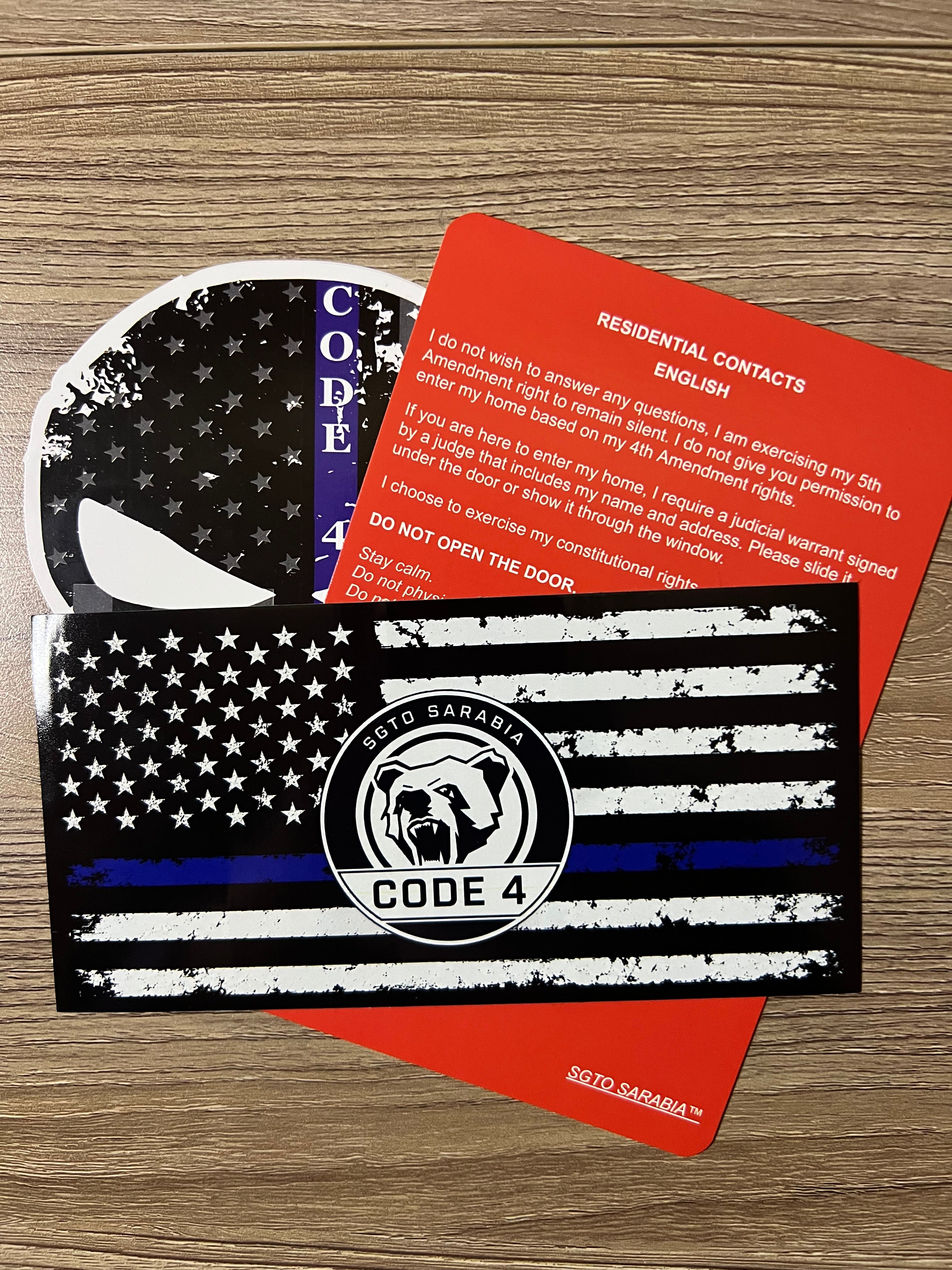 SGTO SARABIA Thin Blue Line Code 4 Decal Bundle – Waterproof Vinyl Flag Stickers with Skull Decal & Free Bilingual Red Card