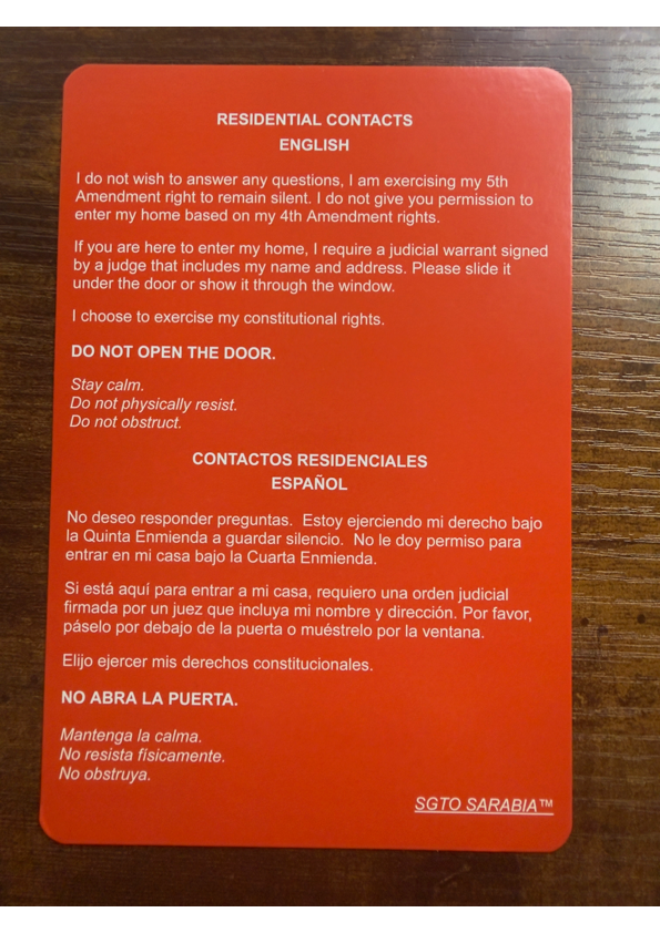 SGTO SARABIA Bilingual Red Card Constitutional Rights Card English Spanish