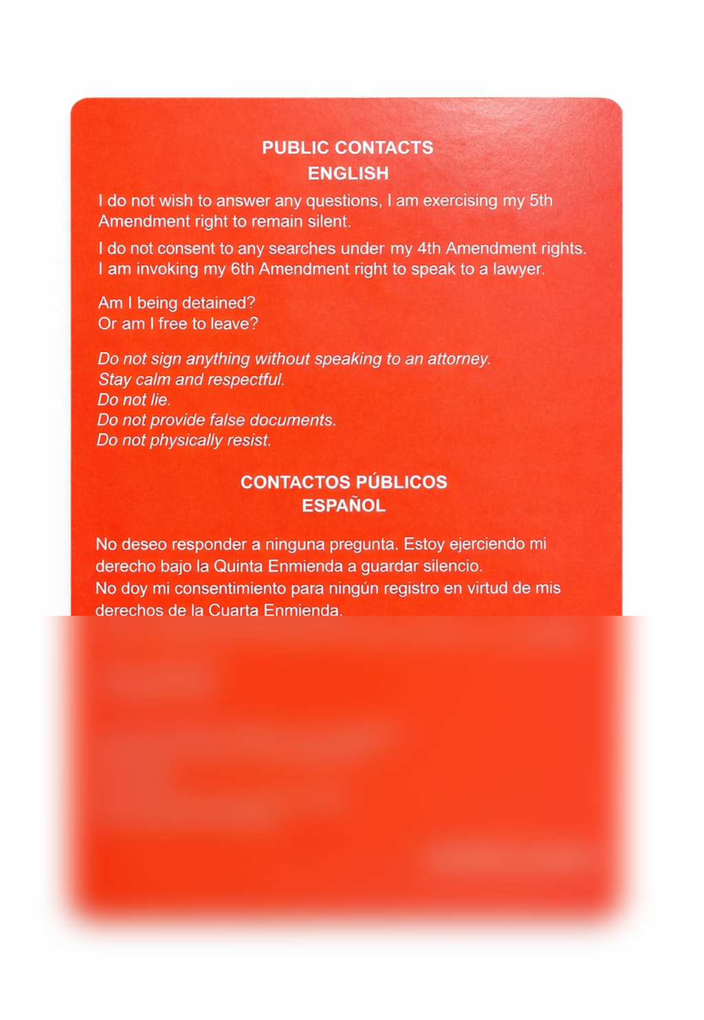 SGTO SARABIA Bilingual Red Card Constitutional Rights Card English Spanish